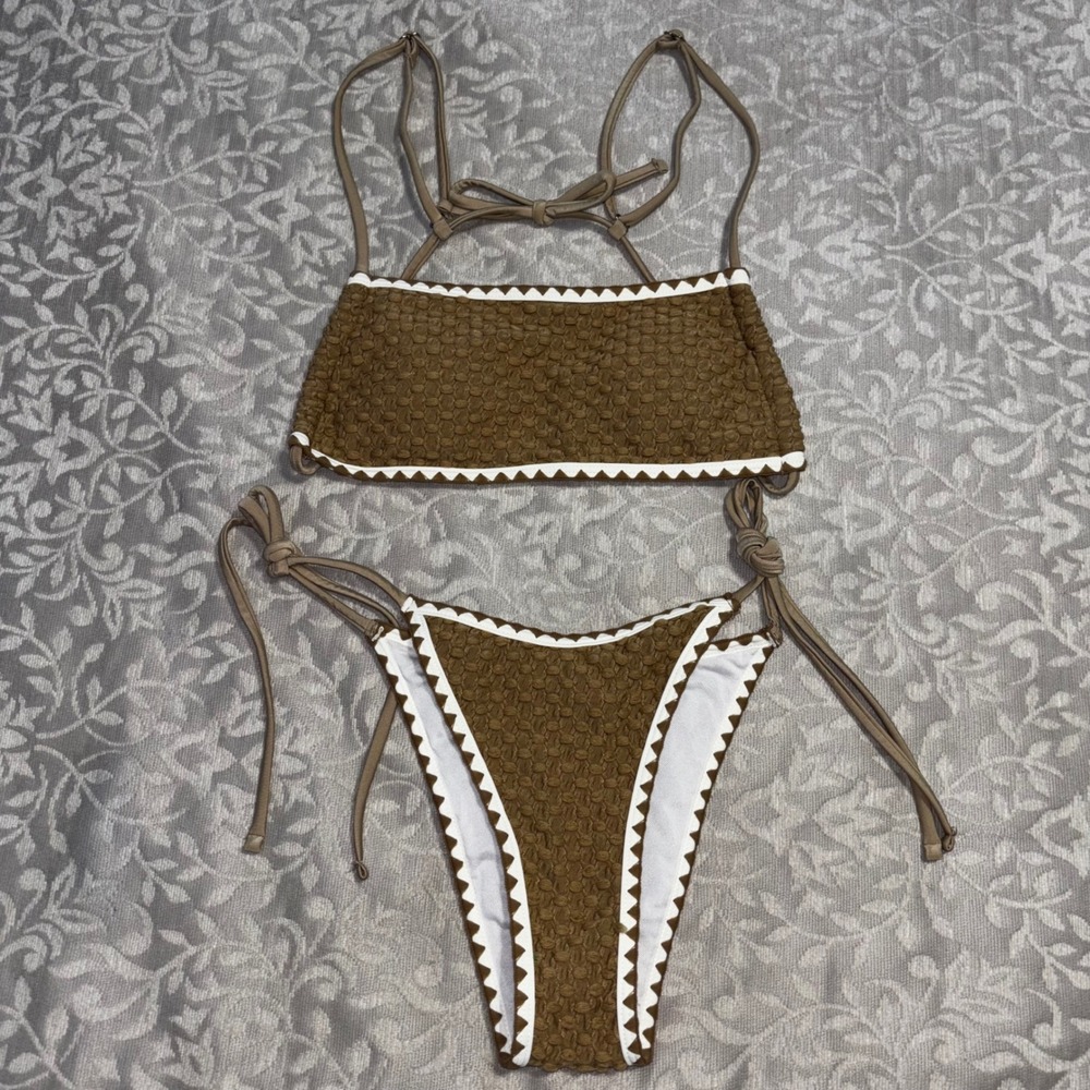 Unbranded Bikini Set Women S Brown Excellent Smocked Scallop Trim Side Tie
